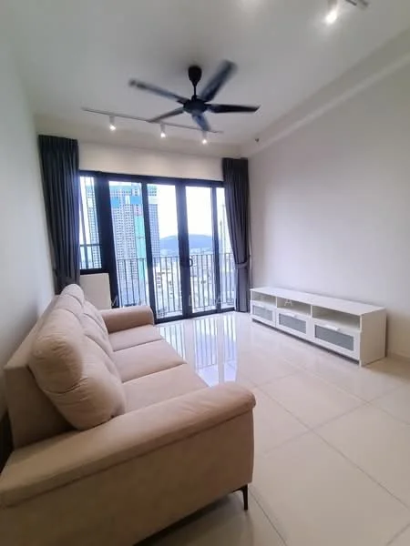 Living features: 3-seater fabric sofa in beige, floor-to-ceiling windows, sliding glass door, curtains, ceiling fan, recessed downlights, glossy tile flooring, TV console with storage; style: modern; view: city.