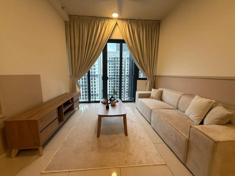 Living features: L-shape sectional sofa in beige, wooden coffee table, TV console with storage, area rug, floor-to-ceiling windows, sheer curtains, city view, cream painted walls, recessed downlights, tile flooring; style: modern; view: city.