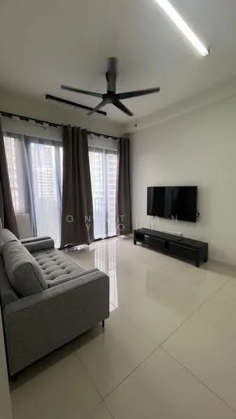 Living features: 3-seater fabric sofa in grey, wall-mounted TV, TV console in black, floor-to-ceiling windows, sheer curtains, dark curtains, polished tile flooring, 5-blade ceiling fan with light, recessed downlights, neutral painted walls; style: modern; view: city.