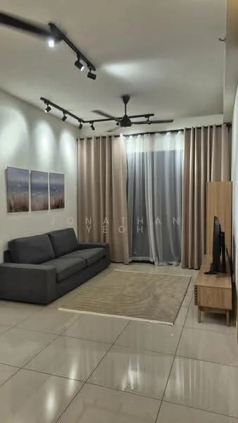 Living features: 3-seater fabric sofa in grey, area rug with neutral color, wall-mounted TV, TV console in light wood, floor-to-ceiling windows, sheer curtains, blackout curtains, recessed LED downlights, ceiling fan with light, glossy tile flooring, decorative wall art; style: modern.