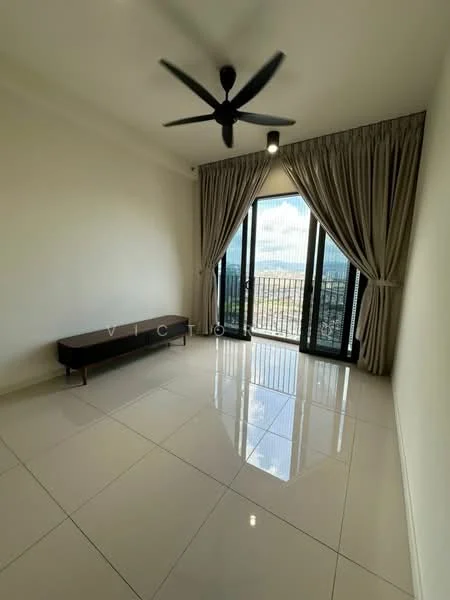 Living features: large floor-to-ceiling windows, blackout curtains, 5-blade ceiling fan with light, white painted walls, glossy ceramic tile flooring, wooden bench, natural light, city view; style: modern; view: city.