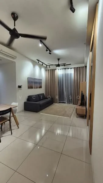 Living features: 3-seater fabric sofa in dark grey, area rug with neutral color, coffee table, wall-mounted TV, recessed LED downlights, 2 ceiling fans, floor-to-ceiling windows with sheer curtains, cream painted walls, glossy tile flooring, decorative artwork on walls; style: modern.