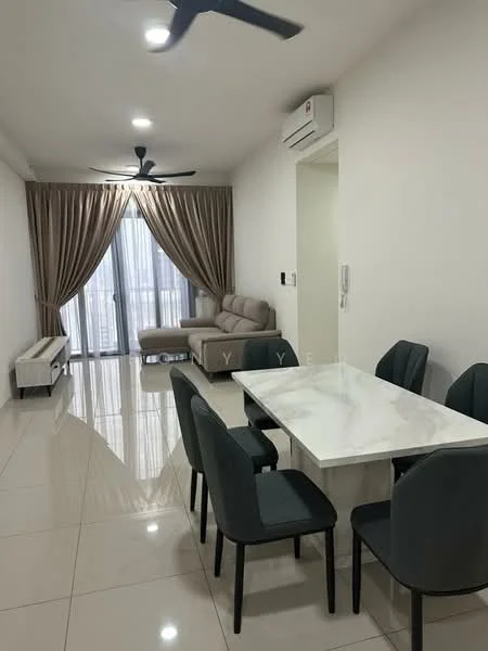 Dining features: white marble dining table, 6 upholstered dining chairs in grey, floor-to-ceiling windows, sheer curtains, light grey walls, polished ceramic tile flooring, 2-blade ceiling fan, wall-mounted air conditioning unit, sofa in light beige, decorative wall panel, recessed LED downlights; style: modern; view: city.