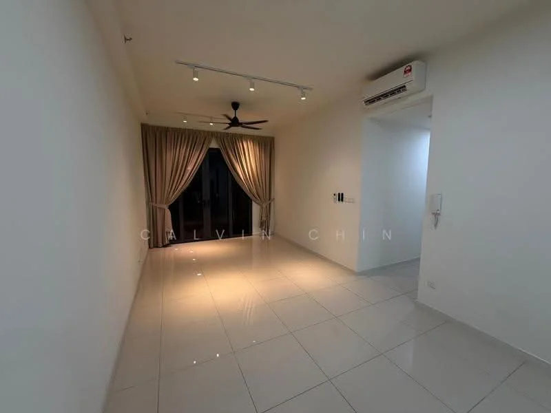 Room features: white painted walls, glossy ceramic tile flooring, recessed downlights, 5-blade ceiling fan, floor-to-ceiling windows, curtains, air conditioning unit, open layout; style: modern.