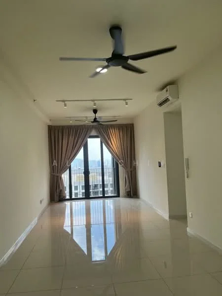 Living features: glossy tile flooring, white painted walls, tray ceiling, 2 ceiling fans, recessed downlights, floor-to-ceiling windows, sliding glass door, sheer curtains, balcony access, city view; style: modern; view: city.