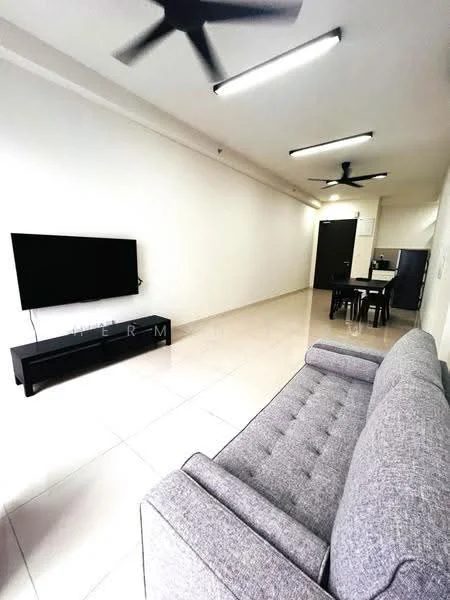 Living features: grey fabric sofa, black TV console, wall-mounted TV, white painted walls, tile flooring, 2 ceiling fans, recessed LED downlights, open layout to dining area; style: modern.