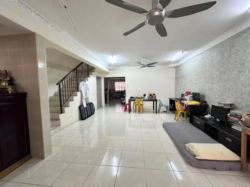 Living features: white painted walls, grey accent wall, polished ceramic tile flooring, 5-blade ceiling fan, recessed downlights, sofa on floor mat, coffee table, TV console, dining table with chairs, staircase leading to upper floor, open space layout; style: modern.
