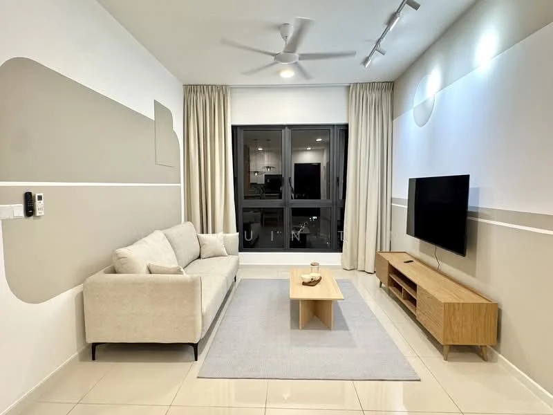 Living features: beige fabric sofa, wooden coffee table, TV console in light wood, wall-mounted TV, area rug in light grey, 5-blade ceiling fan with light, floor-to-ceiling windows, sheer curtains, white painted walls with accent design, recessed downlights; style: modern.