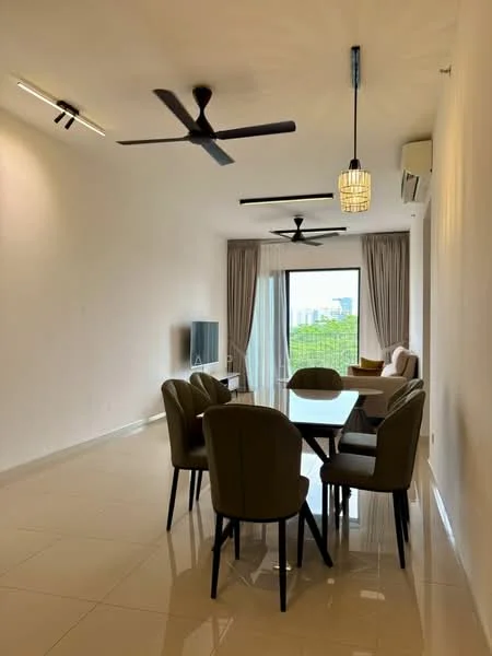 Dining features: 6-seater dining table, upholstered dining chairs in green, pendant light fixture, 2 ceiling fans, floor-to-ceiling windows, curtains, white painted walls, glossy tile flooring, TV console, sofa in background; style: modern; view: garden.