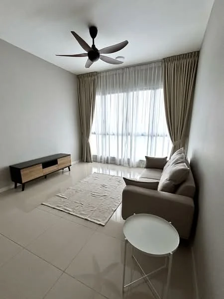 Living features: 5-blade ceiling fan, floor-to-ceiling windows, sheer curtains, light-coloured walls, cream tiled flooring, beige fabric sofa, wooden TV console, area rug, small white side table; style: modern; view: city.