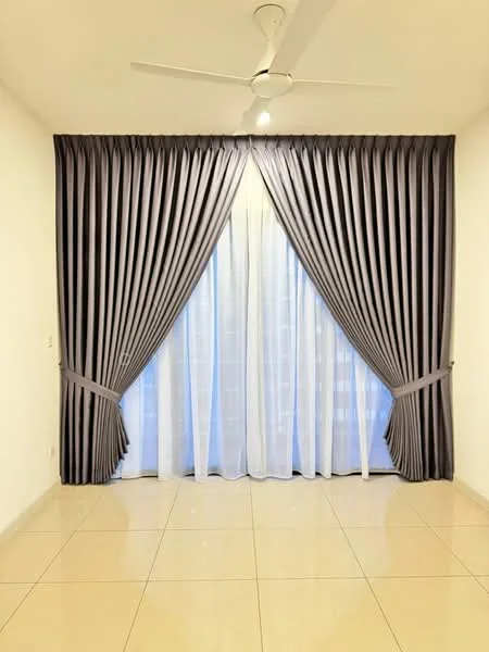 Room features: floor-to-ceiling windows, sheer curtains, blackout curtains, 5-blade ceiling fan, cream tiled flooring, white painted walls, recessed downlights; style: modern.
