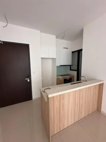 Kitchen features: kitchen island with wood cabinetry, white upper cabinets, granite countertop, stainless-steel sink, chrome pull-down faucet, built-in oven, black cooktop, white walls, tile flooring, large window for natural light; style: modern.