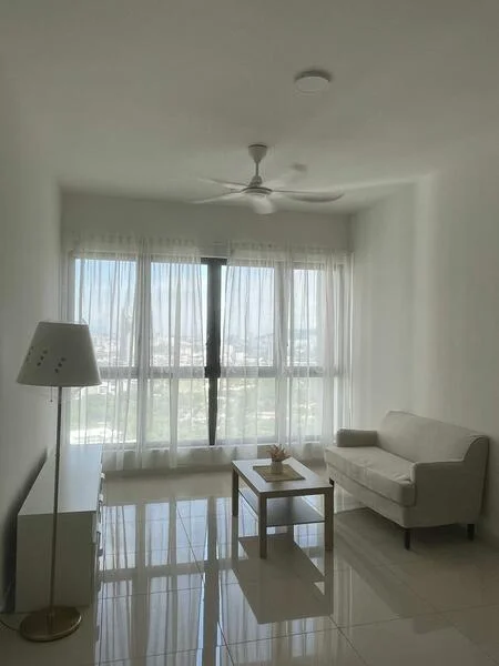 Living features: white walls, glossy tile flooring, 5-blade ceiling fan with light, floor-to-ceiling windows, sheer curtains, white fabric sofa, coffee table, side table with lamp, city view; style: modern; view: city.