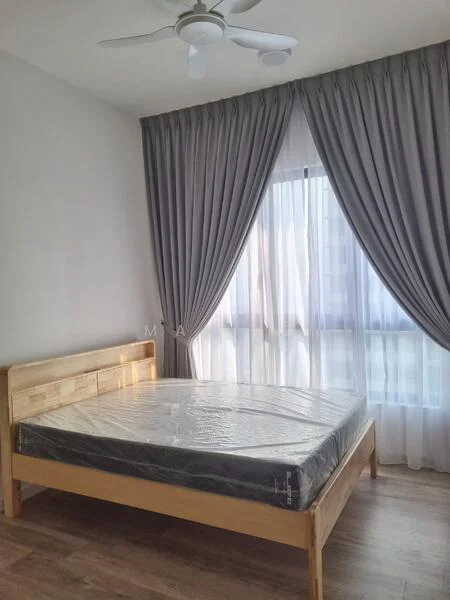 Bedroom features: queen-size bed with mattress protector, wooden bed frame, floor-to-ceiling windows, sheer curtains, blackout curtains, light wood flooring, 5-blade ceiling fan with light, decorative wall, neutral wall color; style: modern.