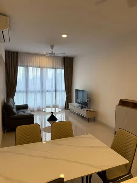 Living features: 3-seater fabric sofa in dark grey, coffee table with round top, TV console with storage, wall-mounted TV, floor-to-ceiling windows, sheer curtains, ceiling fan, recessed downlights, light-coloured walls, polished tile flooring; style: modern; view: city. Dining features: 6-seater dining table with marble top, upholstered dining chairs, open shelving unit, light-coloured cabinetry; style: modern.