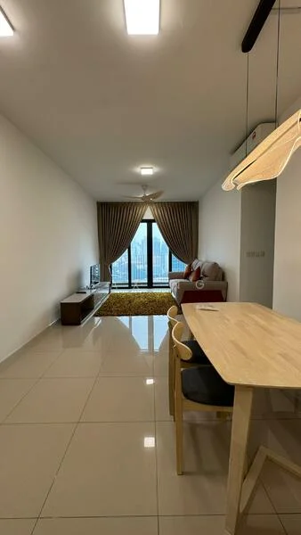 Living features: cream painted walls, glossy ceramic tile flooring, 5-blade ceiling fan with light, floor-to-ceiling windows, sheer curtains, sofa in beige, coffee table, TV console, wall-mounted TV, area rug with geometric pattern, dining table with wooden top, 2 dining chairs, decorative wall art; style: modern; view: city.