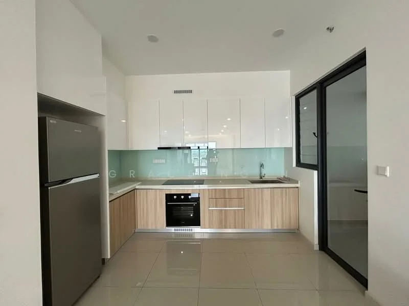 Kitchen features: white high-gloss cabinetry, light wood lower cabinets, stainless-steel fridge, built-in oven, glass cooktop, single-bowl stainless-steel sink, chrome pull-down faucet, white quartz countertop, back-painted glass backsplash, recessed downlights, tile flooring, floor-to-ceiling window, open layout; style: modern.