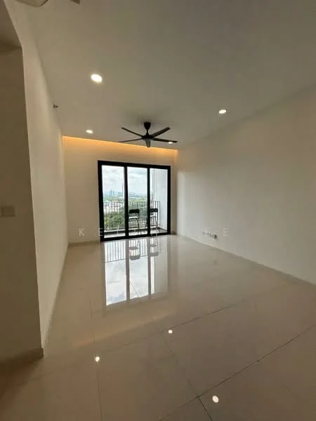 Living features: white painted walls, polished tile flooring, 5-blade ceiling fan with light, floor-to-ceiling sliding glass door, balcony access, recessed lighting, neutral color scheme, city view from balcony; style: modern; view: city.