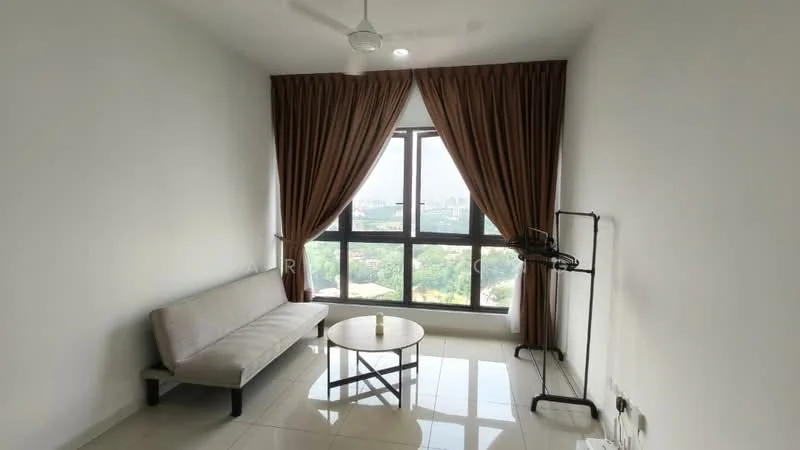 Living features: floor-to-ceiling windows, brown curtains, 3-seater fabric sofa in light grey, round coffee table, white tiled flooring, ceiling fan, decorative wall, view of greenery; style: modern; view: garden.