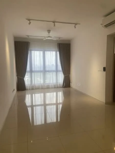 Living features: white painted walls, glossy tile flooring, 5-blade ceiling fan with light, floor-to-ceiling windows, sheer curtains, recessed downlights, air conditioning unit, track lighting; style: modern; view: city.