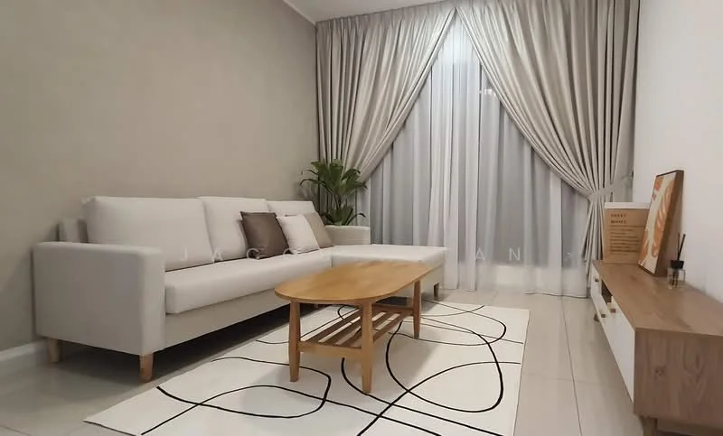 Living features: light grey fabric sofa, wooden coffee table, area rug with geometric pattern, floor-to-ceiling windows, sheer curtains, decorative plant, wooden TV console, framed artwork, cream painted walls, glossy tile flooring; style: modern.