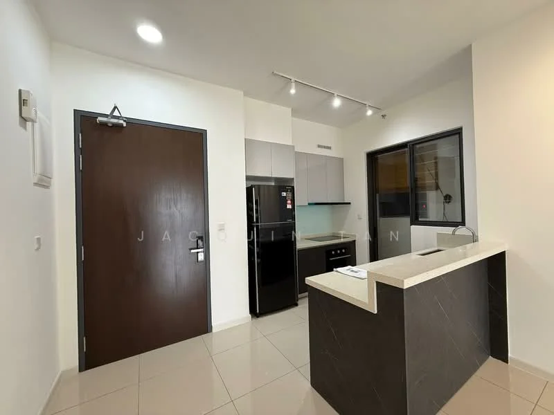 Kitchen features: black granite countertop, stainless-steel fridge, built-in kitchen cabinets in grey, ceramic tile flooring, recessed ceiling lights, single-bowl stainless-steel sink, chrome pull-down faucet, open layout, window with view to outside, kitchen island with seating area; style: modern. Room features: white painted walls, main entrance door, light switch, floor tiles.