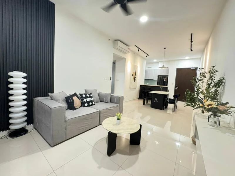 Living features: grey fabric sofa, black and white decorative pillows, round marble coffee table, black dining chairs, white cabinetry, black accent wall, white painted walls, recessed LED downlights, ceiling fan, floor-to-ceiling windows, glossy tile flooring, decorative plant in ceramic pot; style: modern.