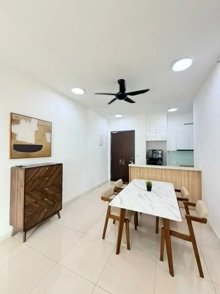 Dining features: marble dining table, 4 wooden dining chairs, wooden sideboard with geometric pattern, white painted walls, recessed downlights, 5-blade ceiling fan, tile flooring, kitchen area visible in background; style: modern.