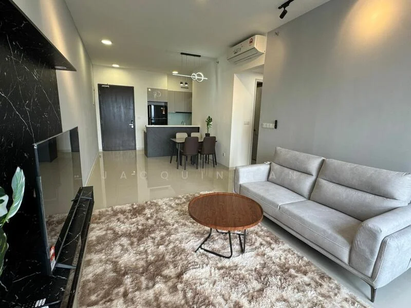 Living features: light grey fabric sofa, round wooden coffee table, area rug with plush texture, wall-mounted TV, black marble feature wall, recessed ceiling lights, floor-to-ceiling windows, air conditioning unit; style: modern. Kitchen features: open-plan layout, kitchen island with seating, black cabinetry, stainless-steel fridge, built-in oven, ceramic cooktop, white countertops, recessed downlights; style: modern.
