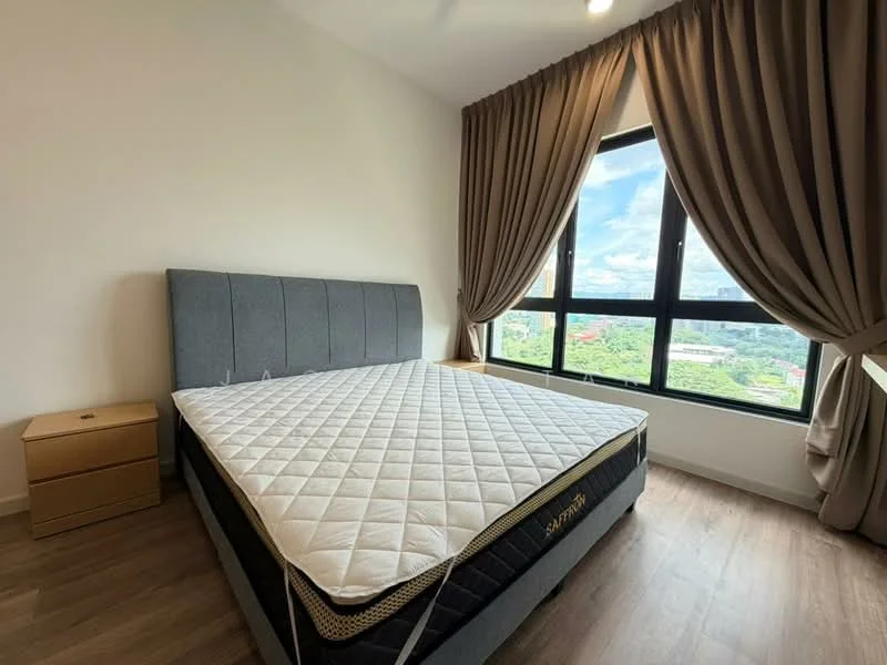 Bedroom features: king-size bed, upholstered headboard, wooden bedside table, floor-to-ceiling windows, grey curtains, laminate flooring, decorative view of greenery, light fixture on ceiling; style: modern; view: garden.