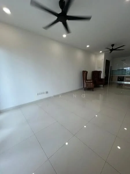 Living features: white painted walls, polished ceramic tile flooring, 2 ceiling fans, 2 high-back armchairs, recessed downlights, open layout, large windows for natural light; style: modern.