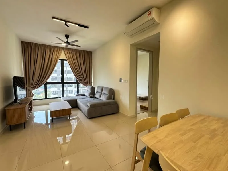 Living features: 3-seater fabric sofa in grey, coffee table, wall-mounted TV, TV console, ceiling fan, recessed downlights, floor-to-ceiling windows, curtains, glossy tile flooring, air conditioning unit; style: modern; view: city. Dining features: 4-seater dining table, wooden chairs; style: modern.