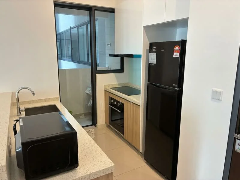 Kitchen features: single-bowl stainless-steel sink, chrome pull-down faucet, black refrigerator, built-in oven, ceramic cooktop, microwave, light wood cabinetry, granite countertop, tile backsplash, floor-to-ceiling windows, neutral tile flooring; style: modern.