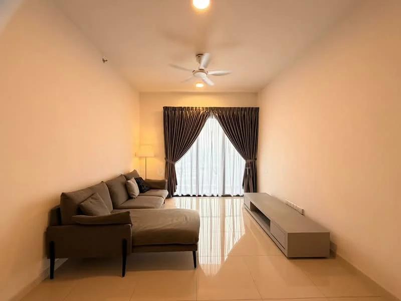 Living features: 3-seater fabric sofa in grey, floor-to-ceiling windows, sheer curtains, dark grey blackout curtains, light fixture with multiple bulbs, polished ceramic tile flooring, wall-mounted TV console in light grey, ceiling fan with light; style: modern.
