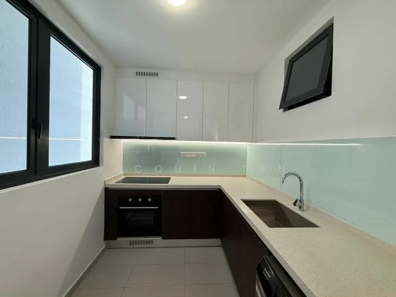 Kitchen features: white high-gloss cabinetry, dark wood lower cabinets, light-colored stone countertop, glass backsplash, built-in oven, stainless-steel sink, chrome pull-down faucet, mounted flat-screen TV, recessed ceiling lights, tile flooring, floor-to-ceiling windows; style: modern.