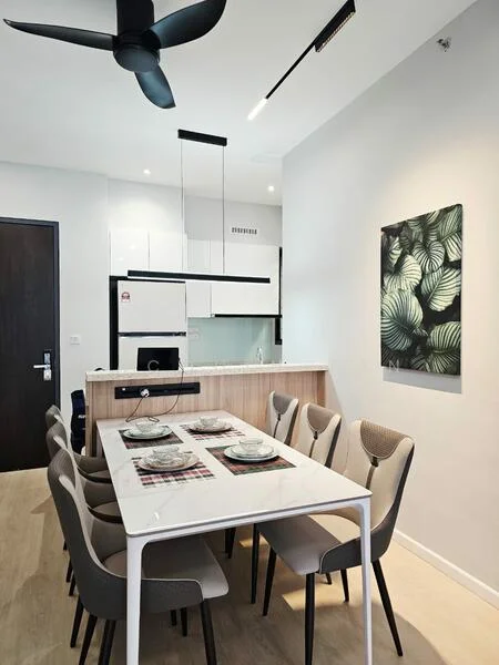 Dining features: 6-seater dining table with white top, upholstered dining chairs in grey, pendant lighting above table, wall-mounted artwork with leaf pattern, open kitchen layout visible in background, white cabinetry, stainless-steel appliances, light wood flooring, recessed ceiling lights, ceiling fan with 3 blades; style: modern.