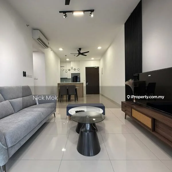 Living features: grey fabric 3-seater sofa, glass coffee table, black side table, wall-mounted TV, wooden TV console, recessed downlights, ceiling fan, white painted walls, glossy tile flooring, air conditioning unit; style: modern. Kitchen features: open-plan layout, kitchen island, stainless-steel appliances, white cabinetry, black countertops, pendant lighting; style: modern.
