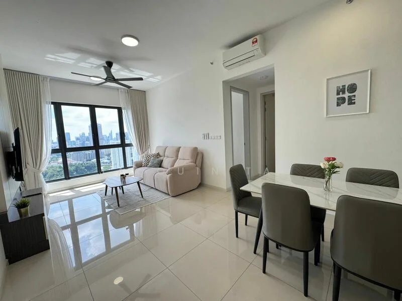 Living features: floor-to-ceiling windows, 3-seater fabric sofa in light beige, coffee table, TV console, wall-mounted TV, area rug with geometric pattern, ceiling fan with light, white painted walls, polished ceramic tile flooring, decorative wall art, dining table with 4 chairs; style: modern; view: city. Dining features: dining table with 4 chairs, white walls, polished ceramic tile flooring; style: modern; view: city.