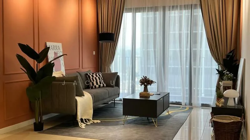 Living features: grey fabric sofa, coffee table with black legs, area rug with geometric pattern, floor-to-ceiling windows, sheer curtains, decorative houseplants, wall-mounted TV, framed artwork, accent wall in terracotta, light-colored tiled flooring; style: modern.