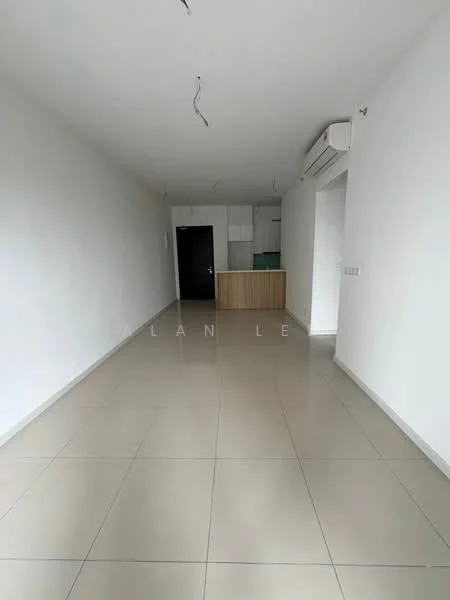 Room features: white painted walls, tile flooring, 1 wall-mounted split AC, recessed downlights, open kitchen area with wooden cabinetry, empty space, doorway leading to another room, large windows for natural light; style: modern.