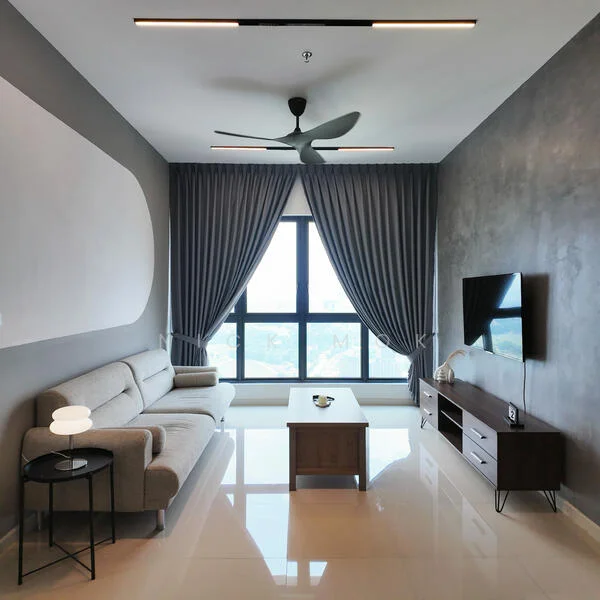Living features: 3-seater fabric sofa in light grey, coffee table, wall-mounted TV, TV console with drawers, floor-to-ceiling windows, grey painted walls, polished tile flooring, ceiling fan with light, curtains in dark grey, decorative wall panel, area rug; style: modern; view: city.