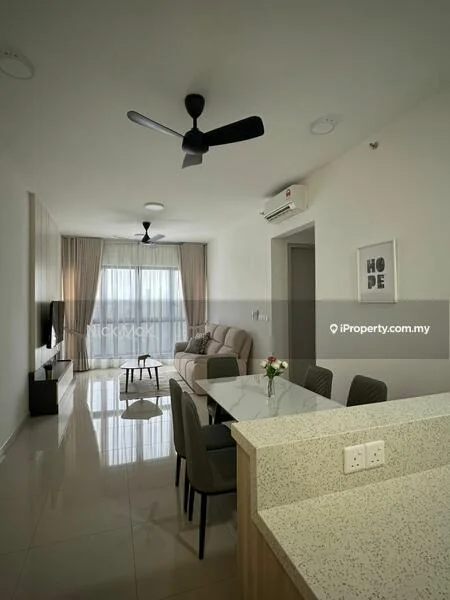 Living features: 5-blade ceiling fan in black, wall-mounted TV, light grey fabric sofa, coffee table, area rug, floor-to-ceiling windows, sheer curtains, recessed downlights, cream painted walls, polished tile flooring; style: modern; view: city. Dining features: 6-seater dining table, grey upholstered dining chairs, granite countertop, open shelving, decorative vase with flowers; style: modern.
