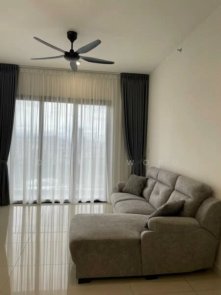 Living features: 3-seater fabric sofa in grey, ceiling fan, floor-to-ceiling windows, sheer curtains, blackout curtains, glossy tile flooring, neutral painted walls, decorative wall, natural light from windows; style: modern; view: city.