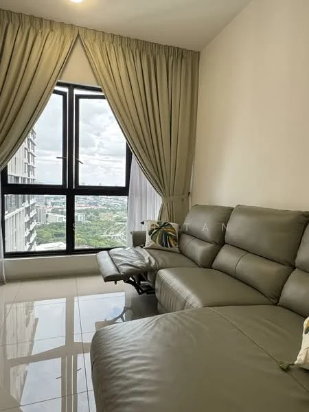 Living features: L-shape sectional sofa in grey leather, floor-to-ceiling windows, sheer curtains, decorative throw pillows, glossy tile flooring, city view, recliner chair, wall-mounted artwork; style: modern; view: city.
