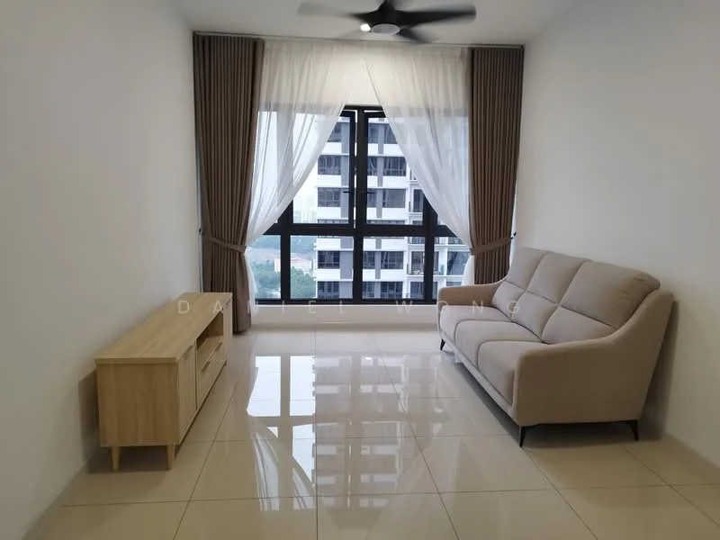 Living features: 3-seater fabric sofa in beige, wooden TV console, floor-to-ceiling windows, sheer curtains, dropped ceiling, recessed downlights, glossy tile flooring, ceiling fan; style: modern; view: city.