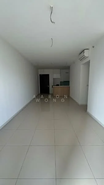 Room features: white painted walls, glossy ceramic tile flooring, 1 wall-mounted split AC, recessed ceiling lights, open layout, kitchen area visible in background, no visible furniture or decor; style: modern.