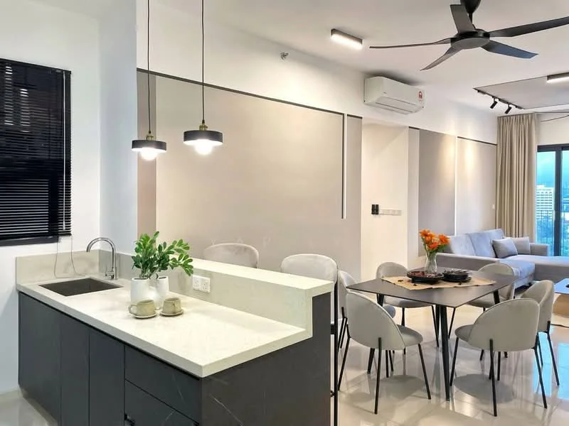 Living features: grey fabric sofa, round dining table, 4 upholstered dining chairs, pendant lighting with two bulbs, white quartz countertop, dark cabinetry, floor-to-ceiling windows, wall-mounted split AC, decorative plant on countertop, vase with flowers on dining table, light-coloured tile flooring, ceiling fan with light; style: modern; view: city.