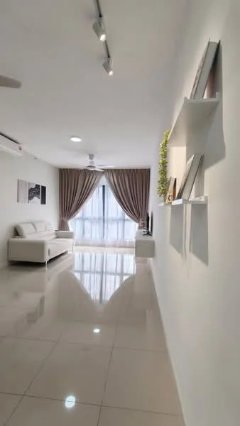 Living features: white painted walls, glossy tile flooring, 5-blade ceiling fan with light, floor-to-ceiling windows, sheer curtains, beige fabric sofa, wall-mounted TV, decorative wall shelves, recessed lighting, decorative plant, area rug; style: modern.