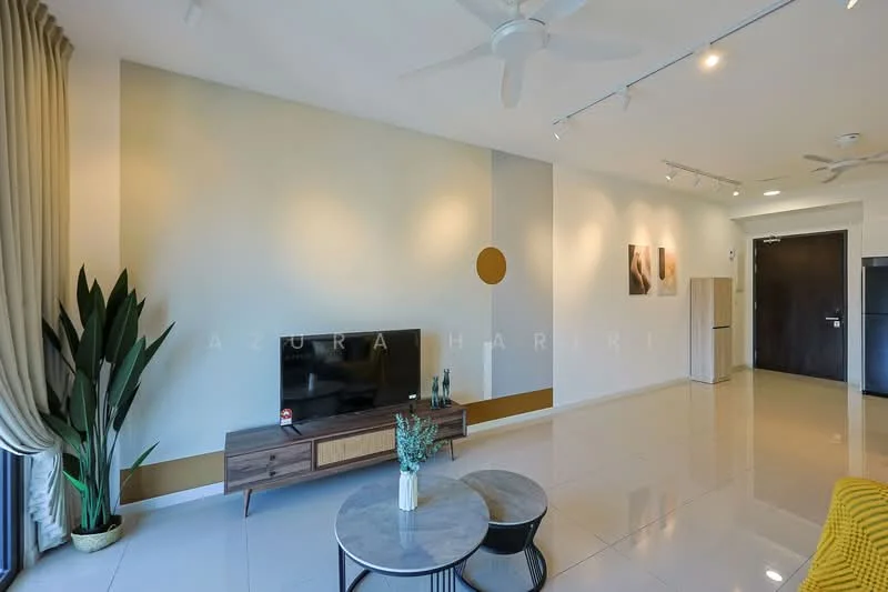Living features: white painted walls, cream accent wall, polished ceramic tile flooring, 5-blade ceiling fan, wall-mounted TV, wooden TV console, round coffee table, large indoor plant, curtains, recessed lighting; style: modern.