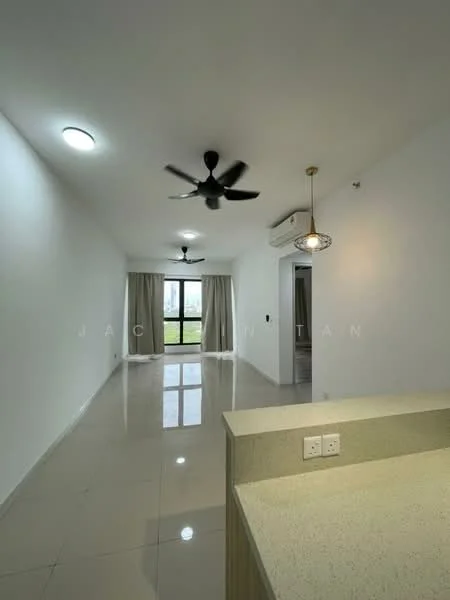 Living features: white painted walls, polished ceramic tile flooring, 5-blade ceiling fan with light, recessed downlights, floor-to-ceiling windows, sliding glass door, sheer curtains, air conditioning unit, pendant lamp, open layout with kitchen counter, view of garden; style: modern; view: garden.